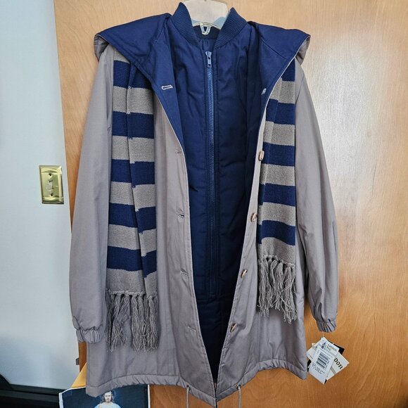 London Fog "Rita" Woman’s Taupe/Navy Winter Jacket with Scarf - 8 Regular - Picture 1 of 16
